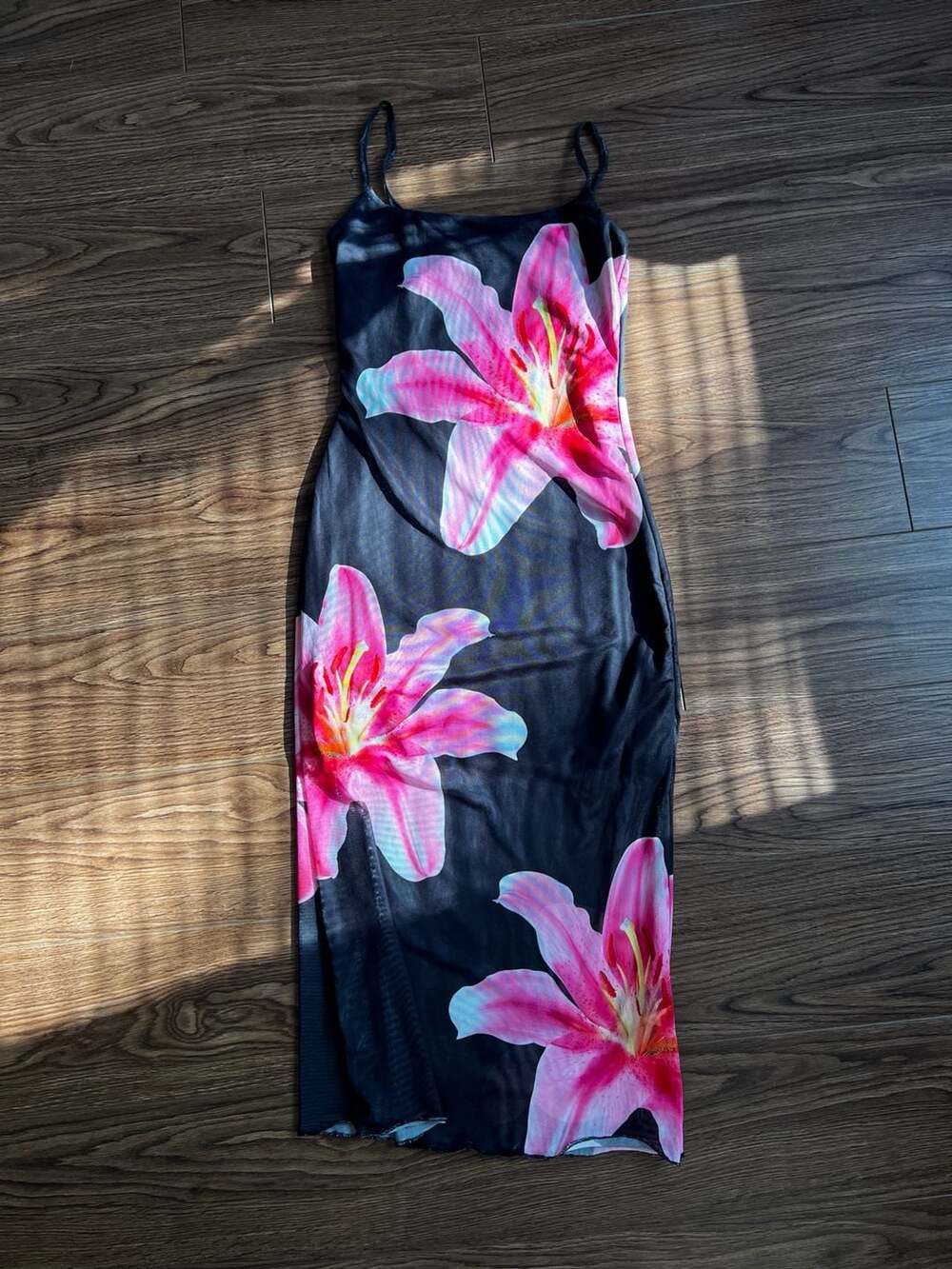 Black Pink Lily Floral Print Mesh Maxi Slip Dress